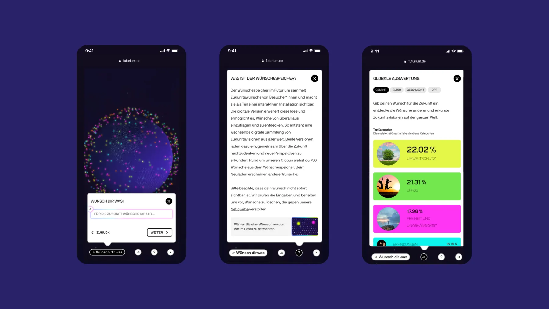 Drei mobile Bildschirme einer Website zeigen eine interaktive Wunschspeicher-Funktion mit Eingabefeld, erklärendem Text und farblich hervorgehobenen Auswertungsergebnissen.