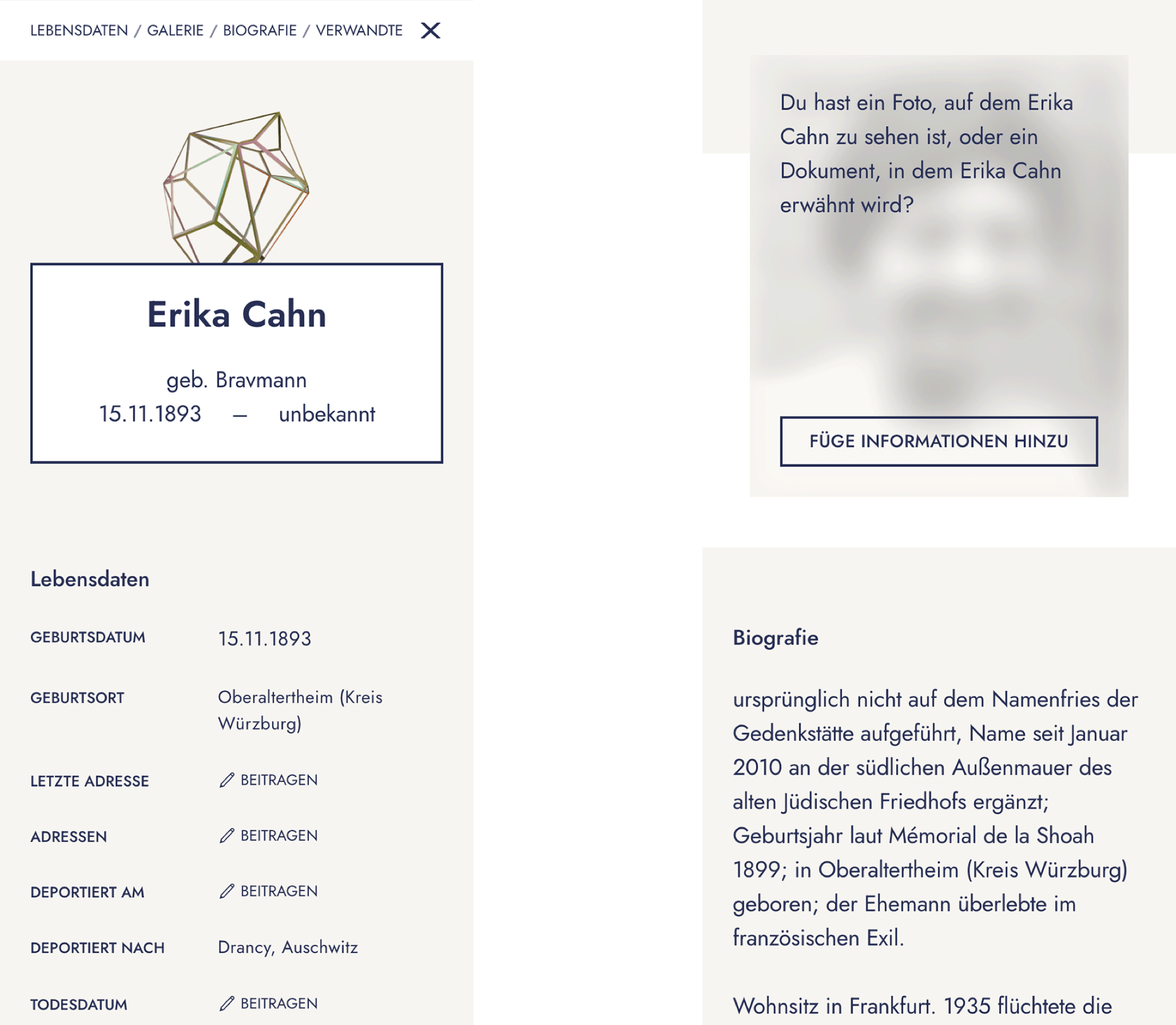 The biography of one of the victims (Erika Cahn) is shown on two mobile screens. Place of birth, date and place of deportation are indicated. The Call to Action "contribute" is displayed next to the address and the dates of the deportation.