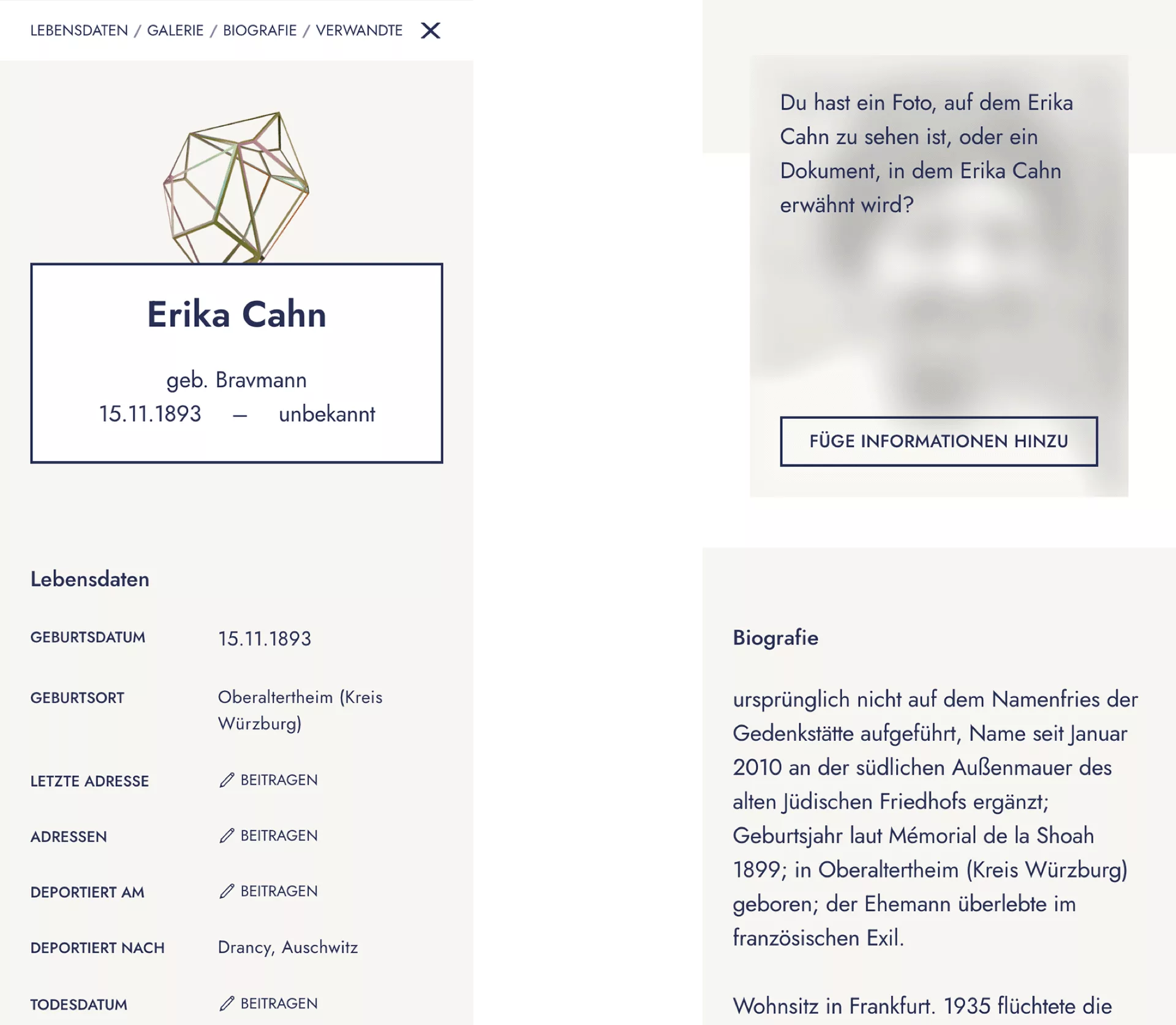 Auf zwei mobilen Screens wird die Biografie von einem der Opfer (Erika Cahn) gezeigt. Geburtsort, Datum und der Ort der Deportation sind angegeben. Bei Adresse und den Daten der Deportation steht der Call to Action "beitragen".