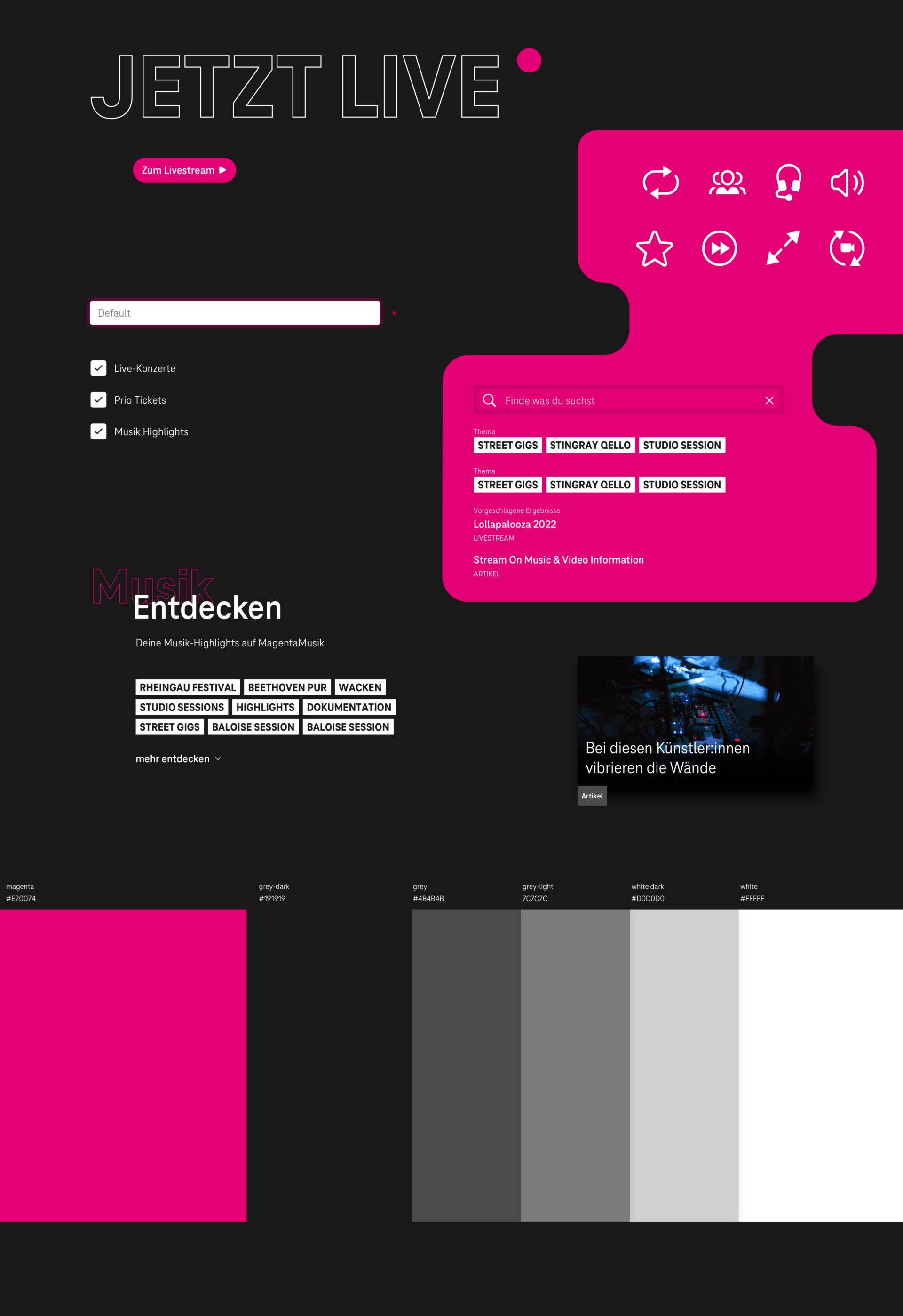 Das Color Scheme sowie spezifische Content Module von Magenta Music werden dargestellt