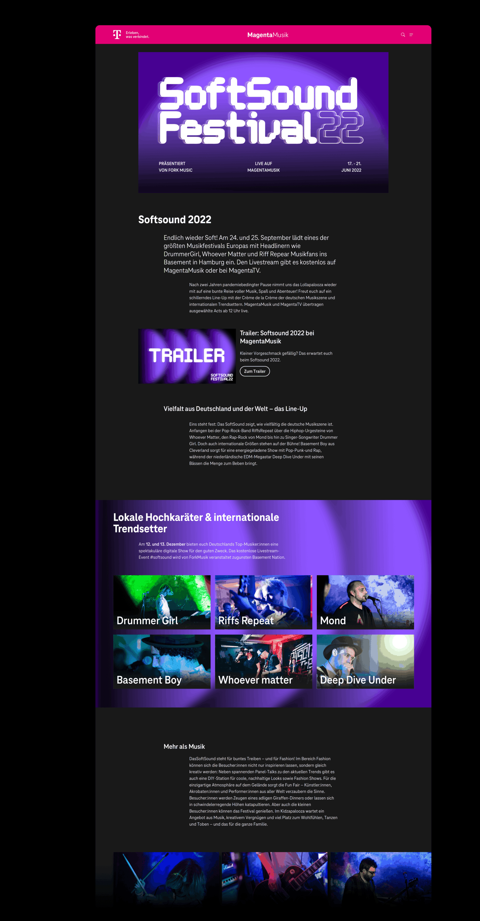 Magenta Music Landingpage mit unterschiedlichen vergangenen Konzerten